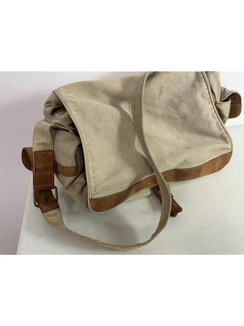 LL Bean Vintage Canvas Messenger Flap Field Bag Leather Trim Crossbody